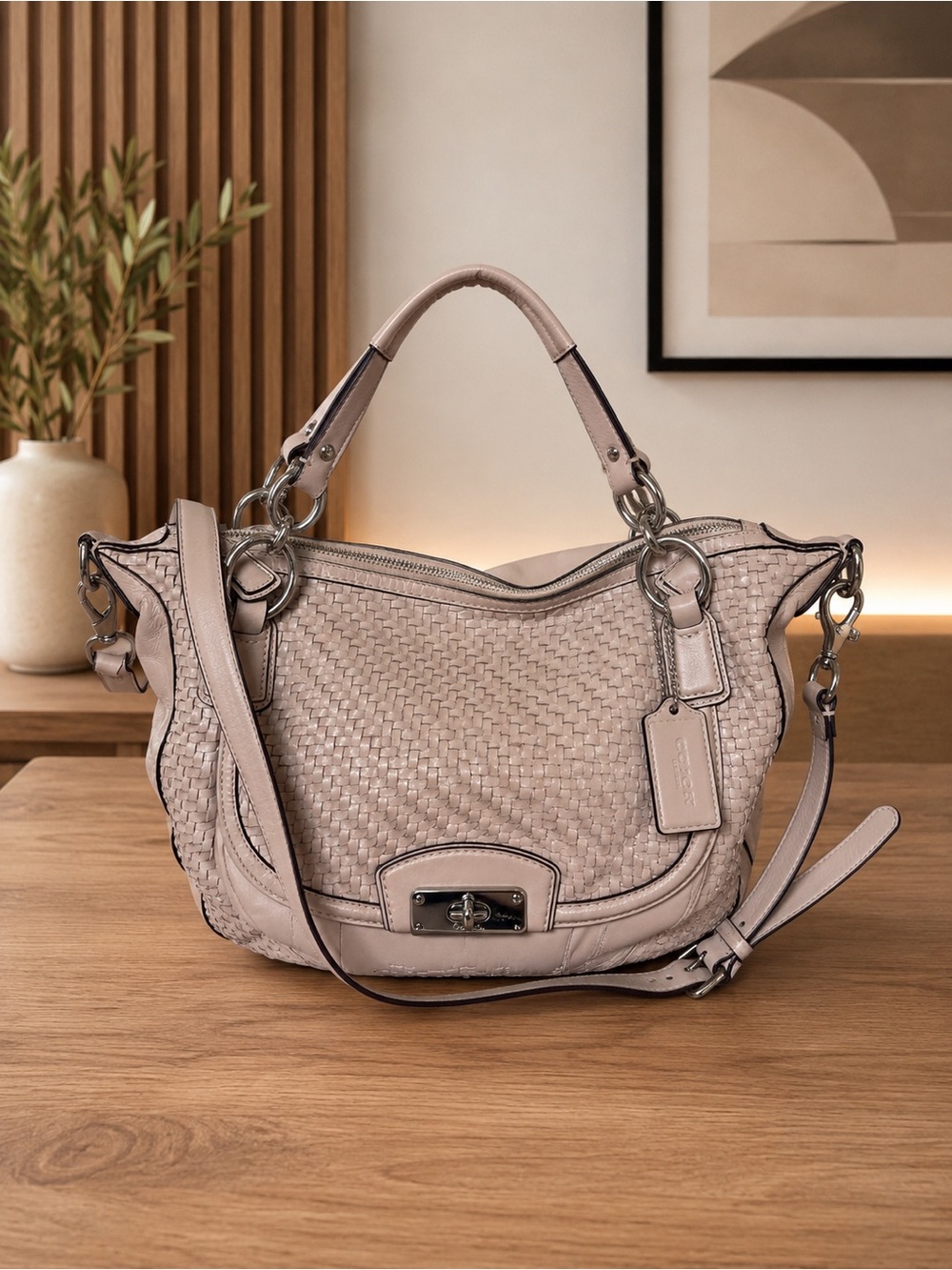 Coach Kristen Woven Leather Shoulder Bag in Taupe